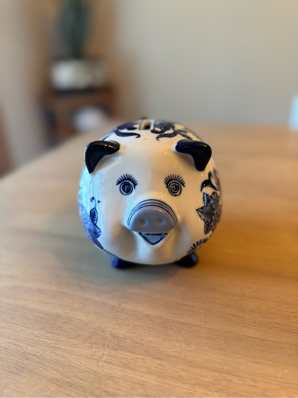 Vintage POLS POTTEN Piggy Bank Porcelain Pig In white and blue